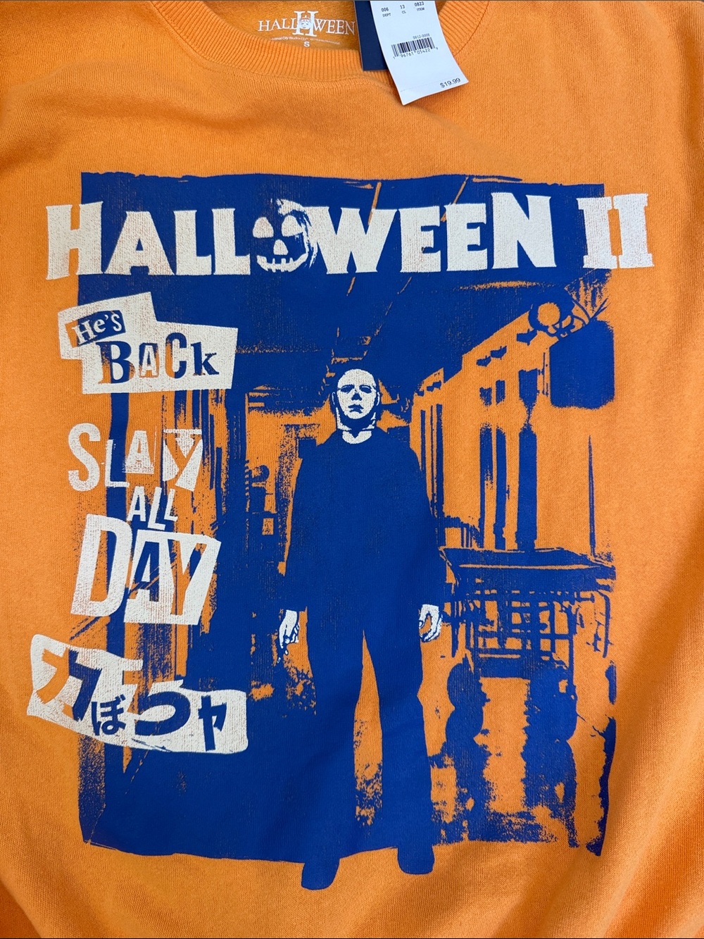 Halloween II He’s Back Slay All Day Apricot/Blue Michael Myers Sweatshirt-Small